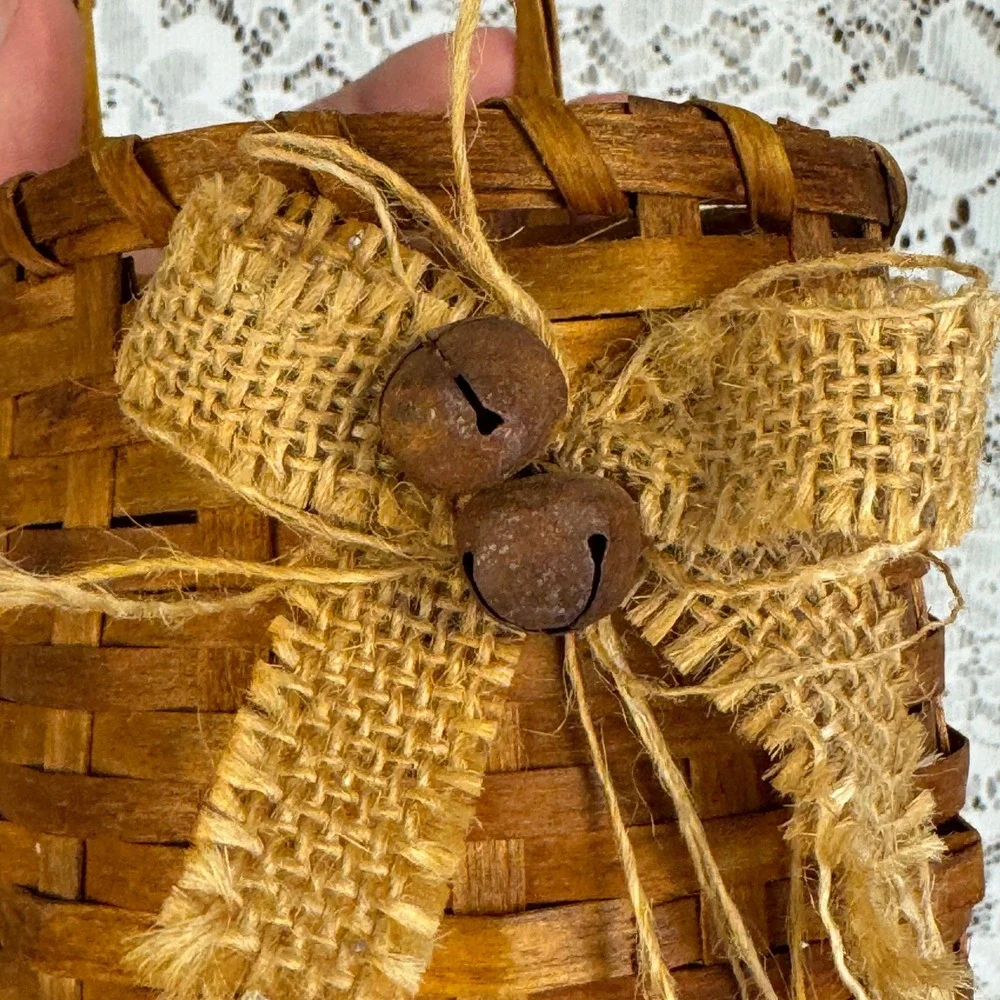 Rustic Brown Woven Wood Splint Hanging Basket with Burlap Bow & Bells Primitive